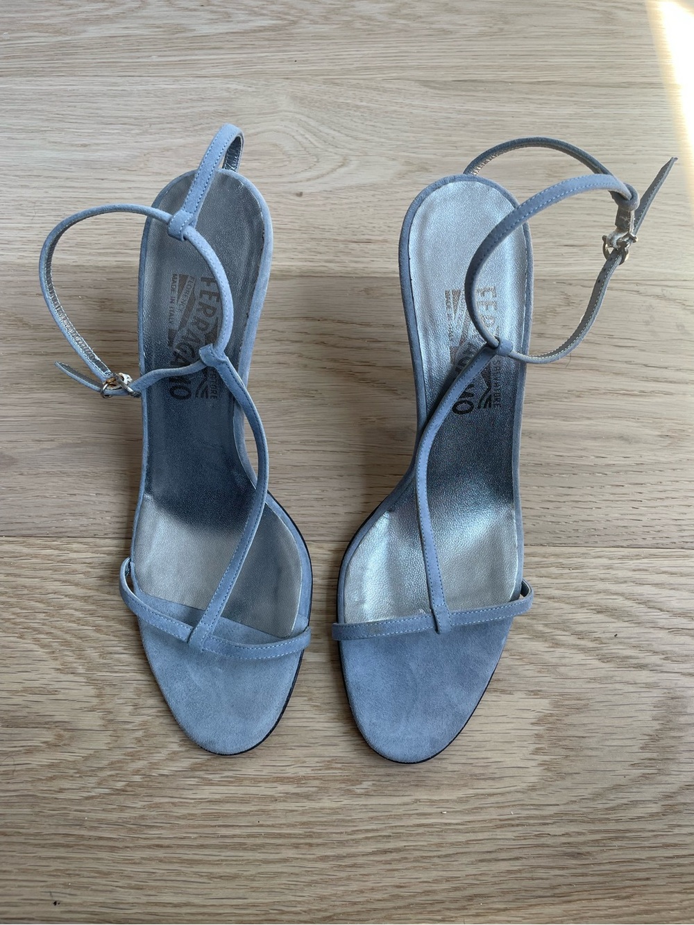 Salvatore Ferragamo Light Blue Suede Strappy Heeled Sandals